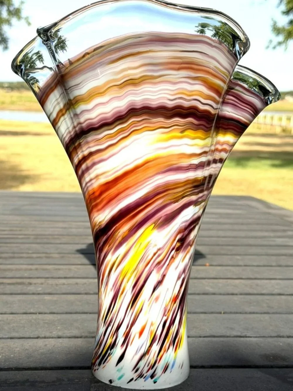 Vintage Murano Style Hand Blown Multicolor Art Glass Ruffled Vase 13.5